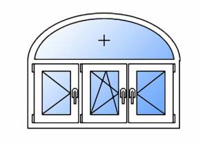 Пластиковое арочное окно с тремя створками поворотное левое/поворотно-откидное левое/поворотное правое однокамерное